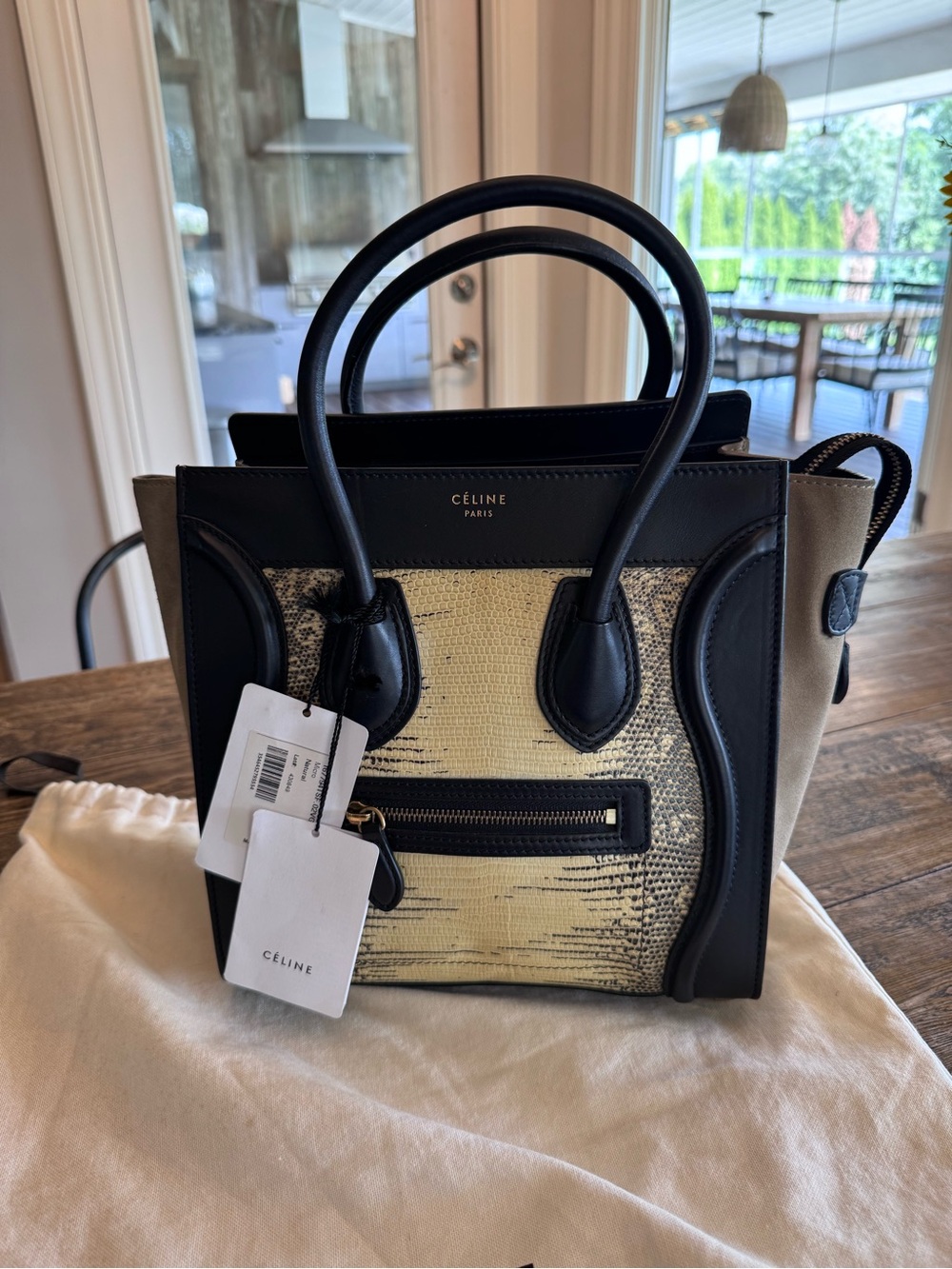 Authentic Celine Exotic Genuine Lizard & Black Lambskin Micro Luggage Tote w/tag